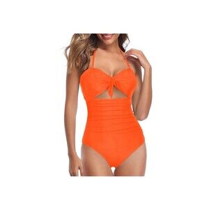 Tempt Me Women’s Swimsuit Size XL NWT Orange Tummy Control Halter Front Cutout